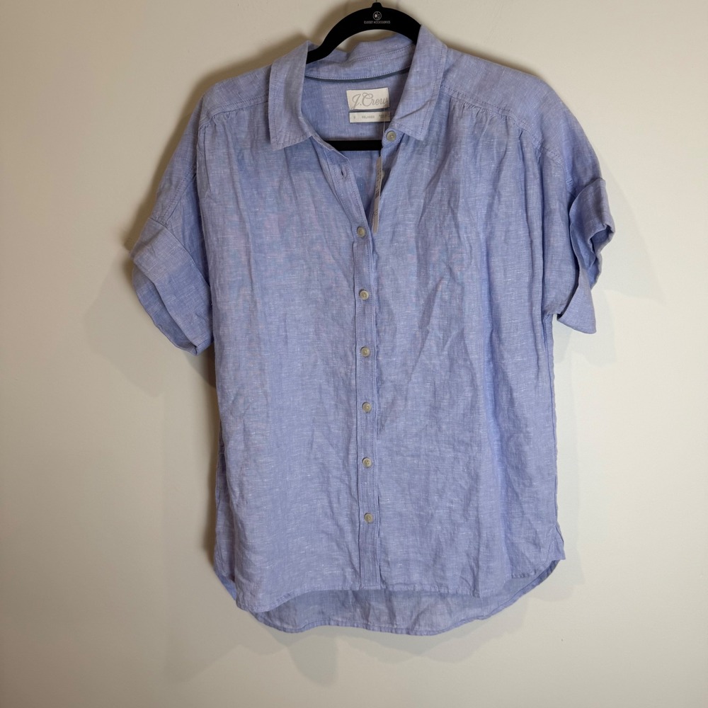 J. Crew Relaxed Fit Short Sleeve Linen Button Down Shirt Periwinkle Blue Size S